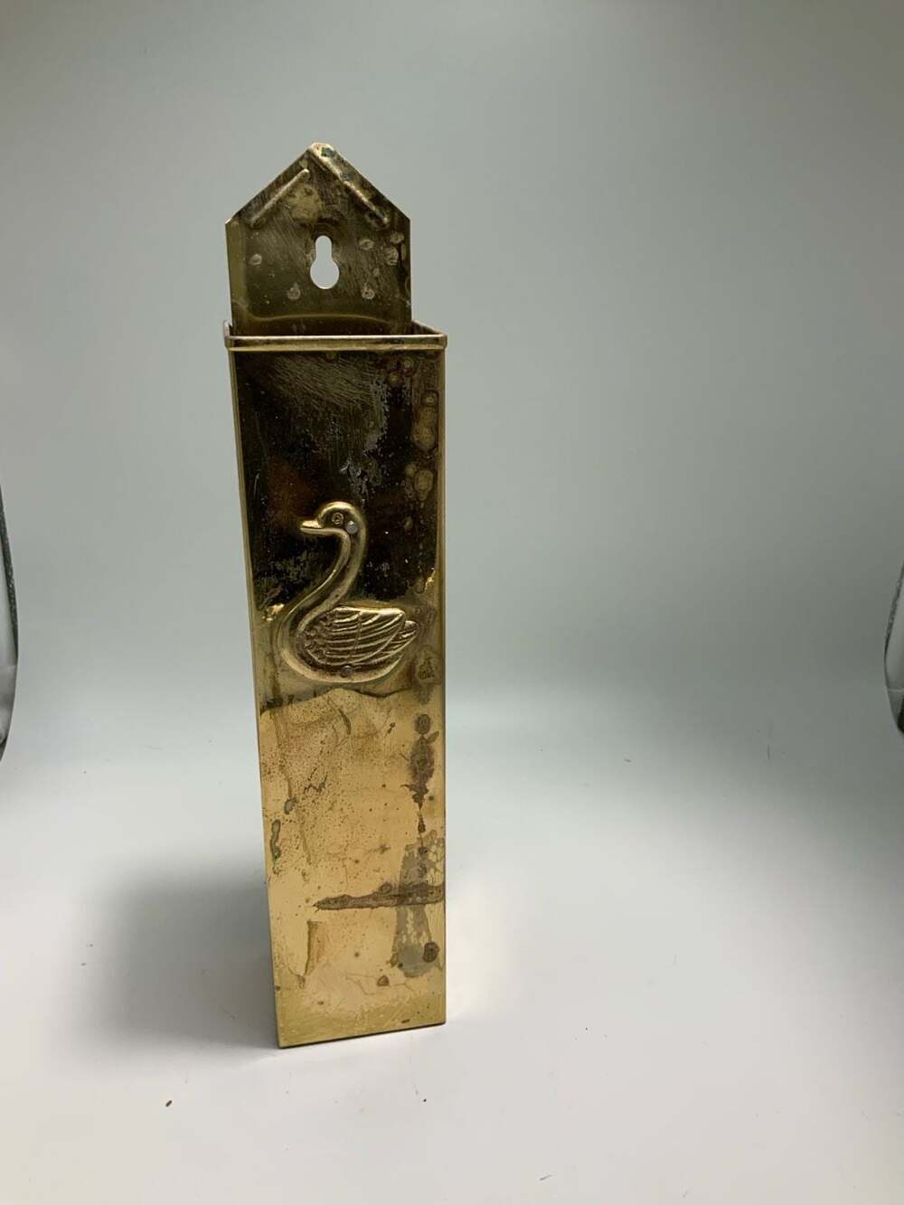 Vintage Brass Long Matchstick Holder and Striker Wall Mount with Swan Decor